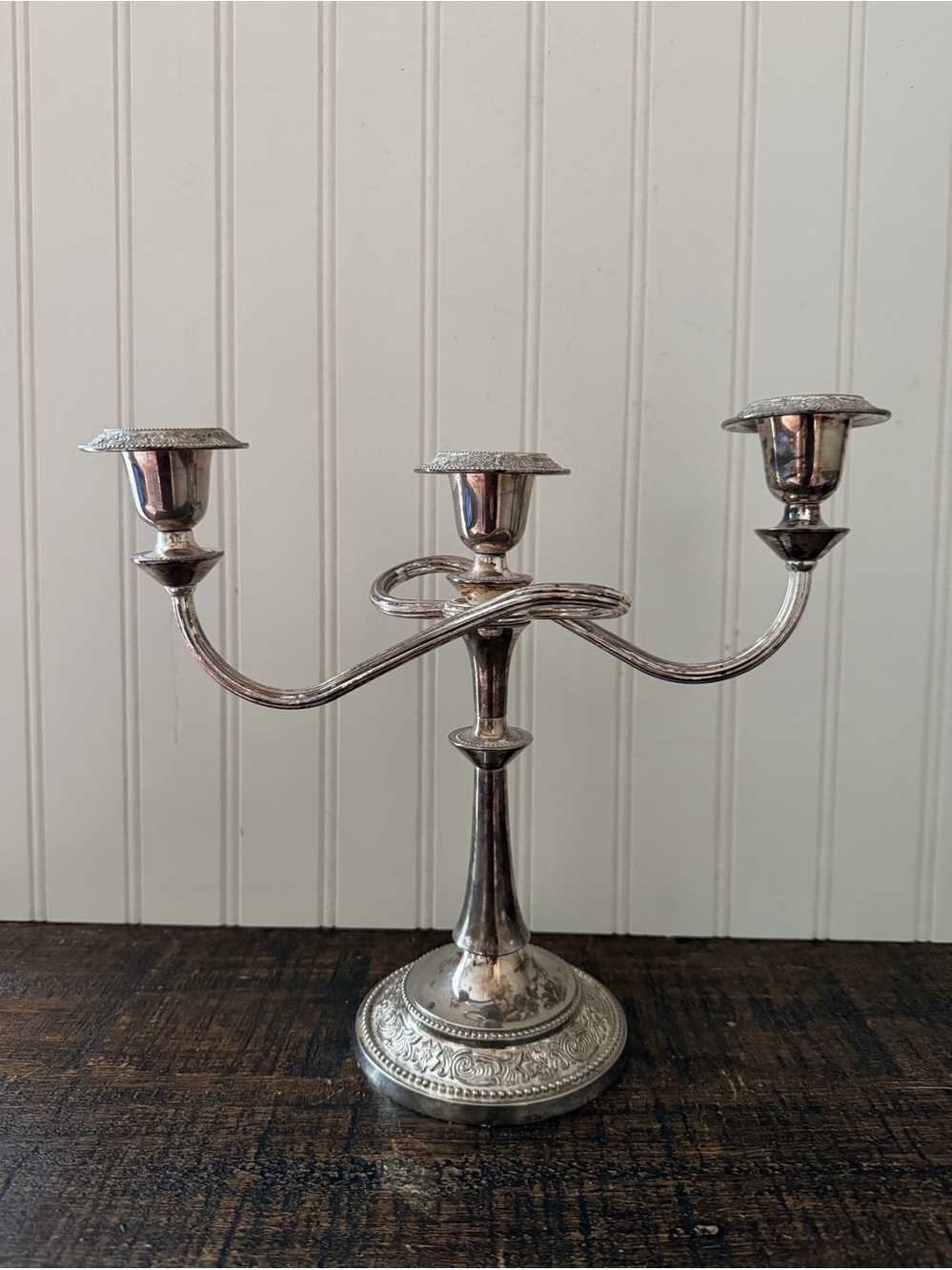 Vintage Silver on Copper 3-Cup Convertible Candelabra - Beautiful Aged Patina